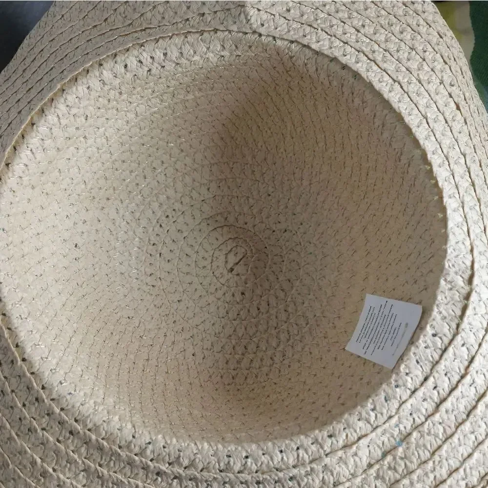 Floppy Wide Brim Summer Sun Beach Hat Natural Color Blue Ribbon Paper
